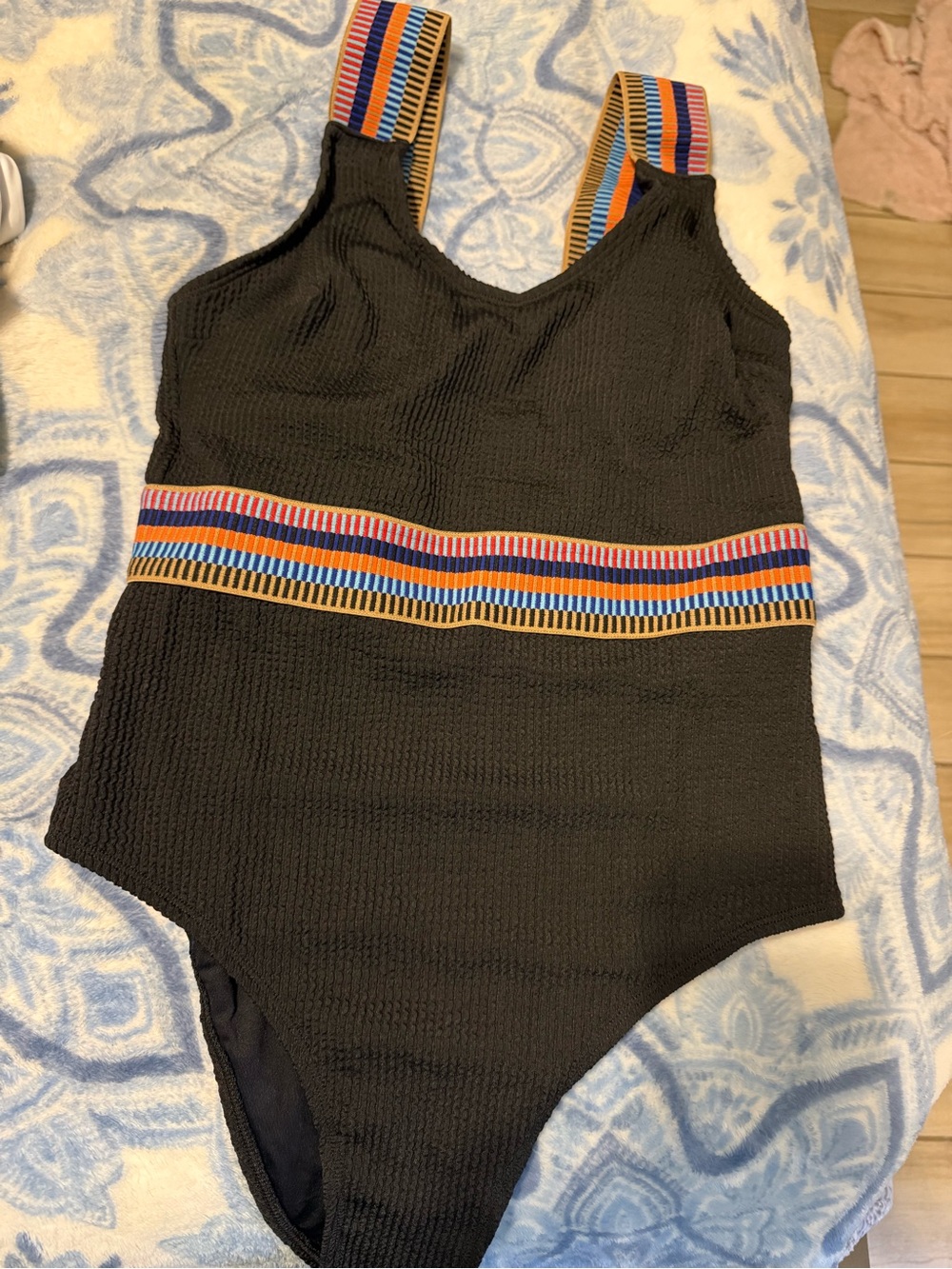 Black Women’s One-Piece Swimsuit with Colorful Striped Bands NWT